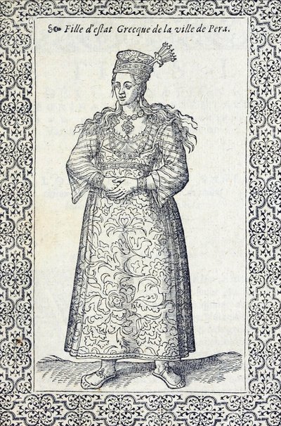 Illustration eines griechischen Mädchens aus Pera, aus Les navigations, peregrinations et voyages, faicts en la Turquie, von Nicolas de Nicolay, vor 1576 von French School